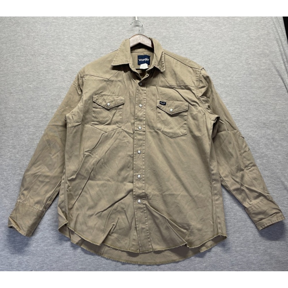 Wrangler Western Shirt Mens Large Beige Cowboy Cut Firm Finish Twill Pearl Snap